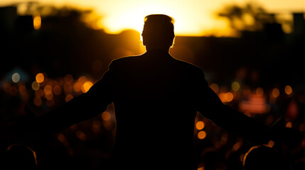 Silhouette of a presidential candidate speaking to a crowd at a rally. Concept of elections, democracy and political issues. Shallow field of view. - obrazy, fototapety, plakaty