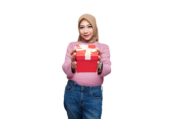 Hijab muslim woman with gift box isolated transparent