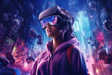 Young woman explores cyberspace with VR goggles.