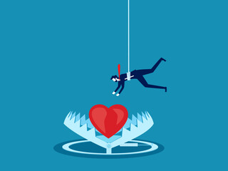 Deceive, fall in love. Businessman reaches the heart with a trap. Vector
