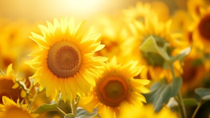 Obraz premium A field of blooming sunflowers A beautiful sunset over big golden sunflower field in the countryside Sunflowers are growing in the evening field. Atmospheric summer wallpaper, space for text