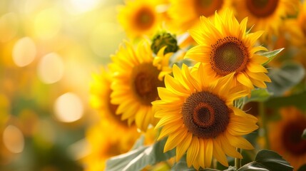 Fototapeta premium A field of blooming sunflowers A beautiful sunset over big golden sunflower field in the countryside Sunflowers are growing in the evening field. Atmospheric summer wallpaper, space for text