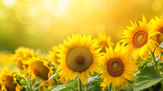 A field of blooming sunflowers A beautiful sunset over big golden sunflower field in the countryside Sunflowers are growing in the evening field. Atmospheric summer wallpaper, space for text