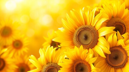 Fototapeta premium A field of blooming sunflowers A beautiful sunset over big golden sunflower field in the countryside Sunflowers are growing in the evening field. Atmospheric summer wallpaper, space for text