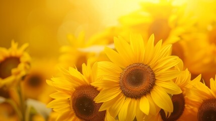 Obraz premium A field of blooming sunflowers A beautiful sunset over big golden sunflower field in the countryside Sunflowers are growing in the evening field. Atmospheric summer wallpaper, space for text