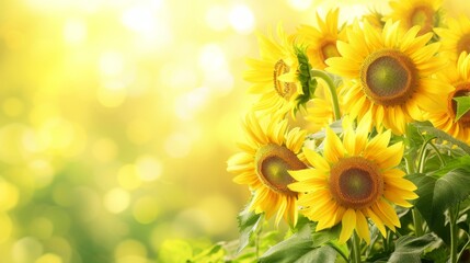 Obraz premium A field of blooming sunflowers A beautiful sunset over big golden sunflower field in the countryside Sunflowers are growing in the evening field. Atmospheric summer wallpaper, space for text