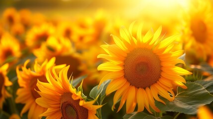 Obraz premium A field of blooming sunflowers A beautiful sunset over big golden sunflower field in the countryside Sunflowers are growing in the evening field. Atmospheric summer wallpaper, space for text