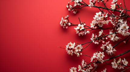 Cherry Blossom Branches Against a Gradient Red Background. generative ai