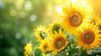 Obraz premium A field of blooming sunflowers A beautiful sunset over big golden sunflower field in the countryside Sunflowers are growing in the evening field. Atmospheric summer wallpaper, space for text