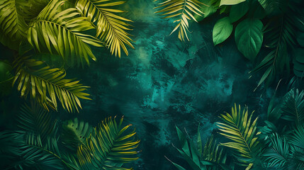 Fototapeta na wymiar Lush tropical foliage with gradients of forest green, teal, and lime, enhanced by a grainy texture for vibrant nature designs.