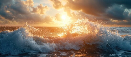 Sunlight and ocean waves impacting the water - obrazy, fototapety, plakaty