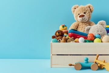 Toy box full of baby kid toys. Container with teddy bear, fluffy and educational wooden toys on light blue background. Cute toys collection for small children. Front, Generative AI