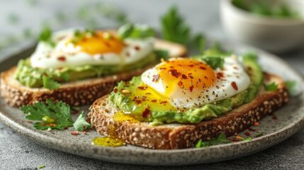 Avocado Toast with Poached Egg, A trendy and healthy breakfast option featuring perfectly poached eggs on avocado toast