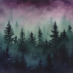 Mysterious midnight forest with a gradient of deep green, violet, and charcoal, complemented by a subtle grainy texture.