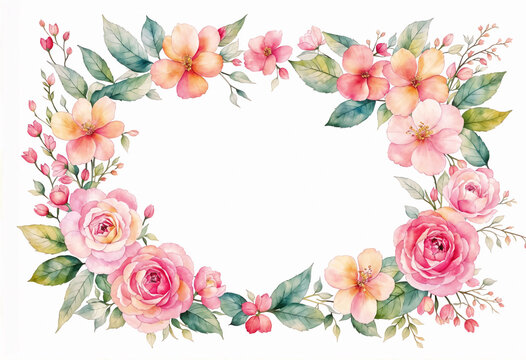 A watercolor floral frame with pink and orange flowers, and green leaves, on a white background.