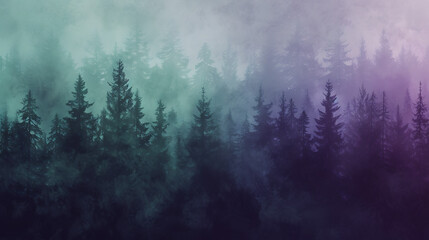 Mysterious midnight forest with a gradient of deep green, violet, and charcoal, complemented by a subtle grainy texture.