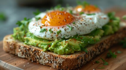 Avocado Toast with Poached Egg, A trendy and healthy breakfast option featuring perfectly poached eggs on avocado toast