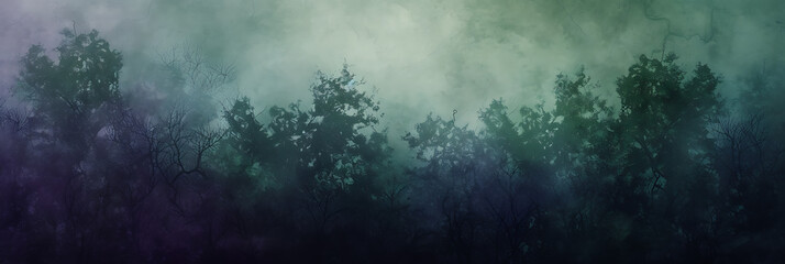 Mysterious midnight forest with a gradient of deep green, violet, and charcoal, complemented by a subtle grainy texture. - obrazy, fototapety, plakaty