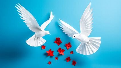 Two white doves flying on blue background with copy space. Love and peace concept - obrazy, fototapety, plakaty