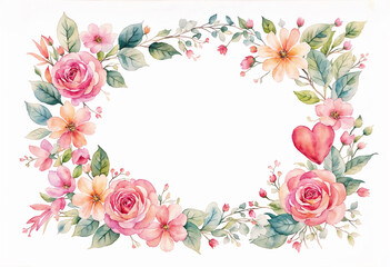A watercolor floral frame with pink and orange flowers, a red heart, and green leaves, on a white background.