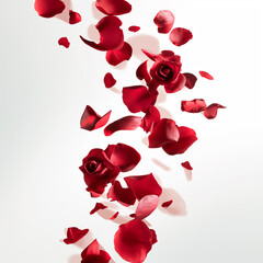 Red rose petals flying, white background, valetine´s day, love