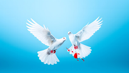 Two white doves flying on blue background with copy space. Love and peace concept