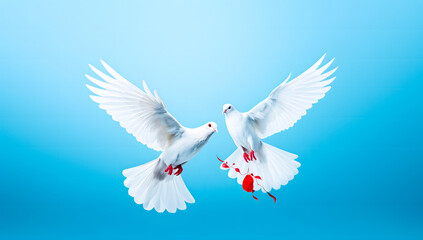 Obraz premium Two white doves flying on blue background with copy space. Love and peace concept