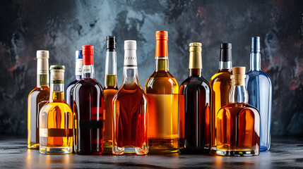   Bottles of assorted alcoholic beverages. generative ai - obrazy, fototapety, plakaty