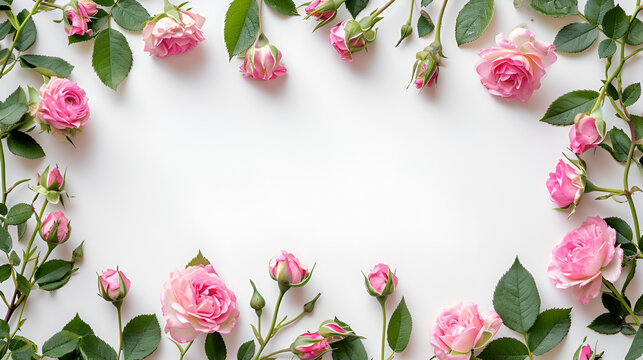 Border frame with pink rose flower buds branches isolated on white background . Generative AI