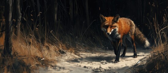 Road's middle inhabited by a wild fox (Vulpes vulpes).