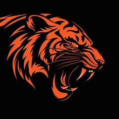 A fierce tiger logo, with striking orange and black stripes, roaring against a black background