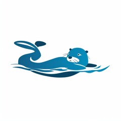 A playful otter logo, floating on its back, designed in a river blue color on a white background 