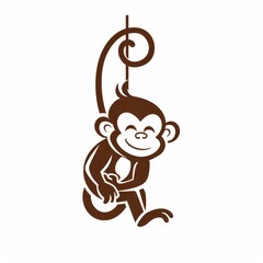 A playful monkey logo, hanging from its tail, designed in a rich brown color on a white background