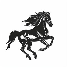A powerful stallion logo, mid-gallop, designed in a glossy black hue against a white background