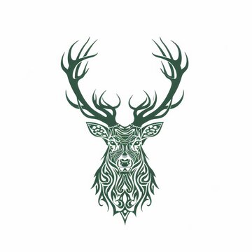 A majestic deer logo, with large, intricate antlers, designed in a deep forest green on a white background 