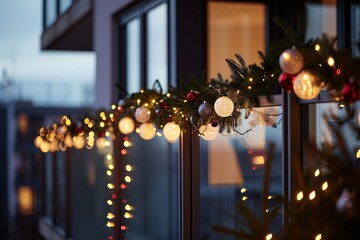 Festive balcony decoration for Christmas and New Year. Close up of Christmas decoration balls and garland of lights wrapped around balcony railing in modern residential apartment, Generative AI