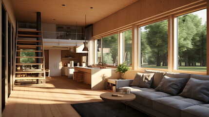 Fototapeta premium Spacious Modern Living Room with Large Windows Contemporary spacious living room with large windows overlooking a lush green landscape, blending indoor comfort with outdoor tranquility. 