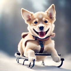 The dog is sitting. The puppy is white. The animal is beautiful. Rides on a sled. Dear friend. - obrazy, fototapety, plakaty