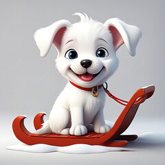 The dog is sitting. The puppy is white. The animal is beautiful. Rides on a sled. Dear friend.