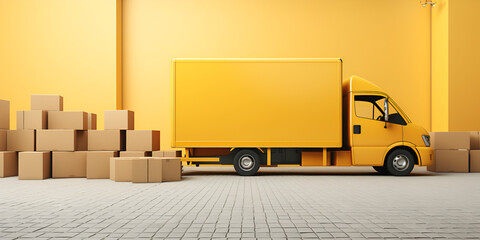 Modern truck filled with shipping boxes in a warehouse bay logistics and delivery ,Yellow delivery truck with cardboard boxes transportation AI

