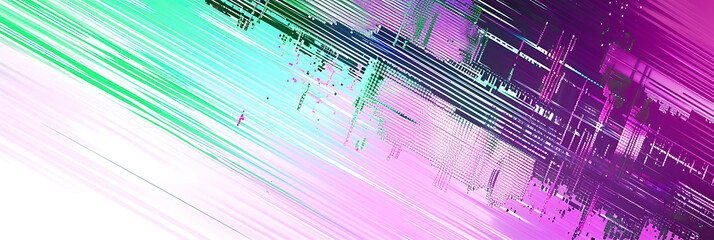 Pixelated digital glitch in gradients of neon green, electric purple, and glitchy white, accompanied by a distorted grainy texture for a tech-inspired look