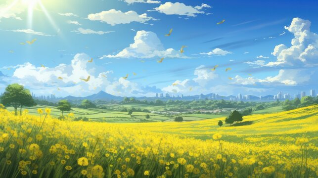 yellow rural fields in bright sunlight