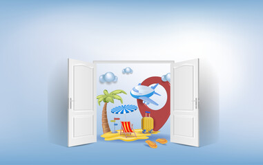 
Welcome. Concepts of summer holidays, open doors, travel, and sea holidays.
Vacation planning. 3d vector illustration.
