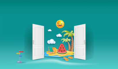 
Welcome. Concepts of summer holidays, open doors, travel, and sea holidays.
Vacation planning. 3d vector illustration.