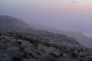 The Atlantic Ocean coast at dusk in winter during a foggy day. Cap Ferret, France - January 25,...