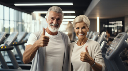 Fototapeta na wymiar Happy couple of seniors gesturing thumbs up at fitness center.
