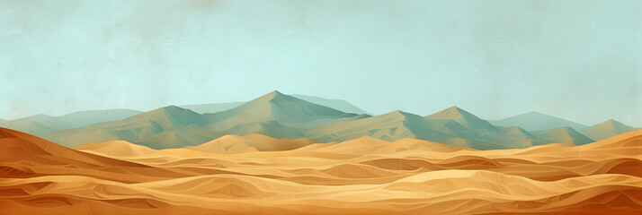 Surreal desert landscape with gradients of warm sand, deep ochre, and azure sky, enhanced by a grainy texture for a mystical touch