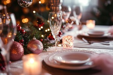 Beautifully decorated Christmas table with with Christmas decorations, plates, candles, glasses. Table served for Christmas New Year dinner, Generative AI