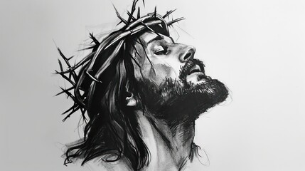 Black and White Drawing of Jesus with Crown of Thorns