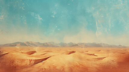 Surreal desert landscape with gradients of warm sand, deep ochre, and azure sky, enhanced by a grainy texture for a mystical touch